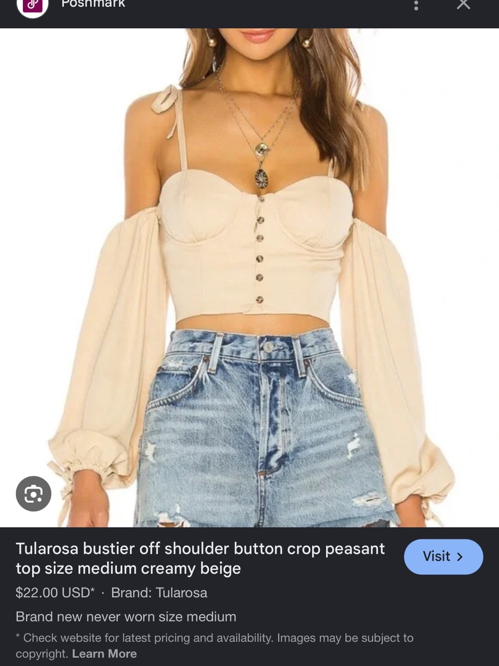 Tularosa Creamy Beige Off-Shoulder Bustier Crop Top with Peasant Sleeves